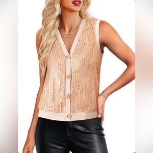 Sequin Tops For Women Sleeveless V Neck Button Up Sparkle Vest Tops Rose Gold